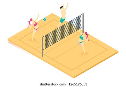 isometric illustration playing beach volleyball, web landing, flat design, vector illustration