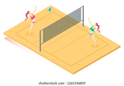 isometric illustration playing beach volleyball, web landing, flat design, vector illustration