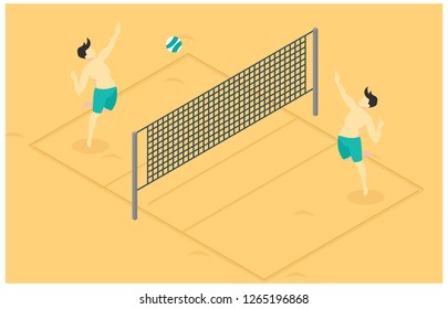 isometric illustration playing beach volleyball, web landing, flat design, vector illustration