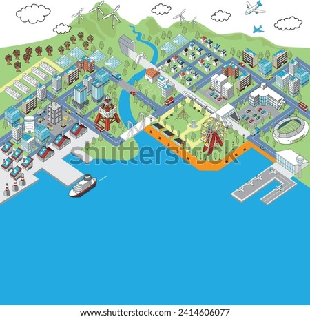 Isometric illustration of a port city