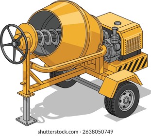Isometric illustration of a portable concrete mixer machine with yellow drum and black wheel isolated on white background for construction and industrial concept design