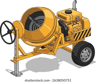 Isometric illustration of a portable concrete mixer machine with yellow drum and black wheel isolated on white background for construction and industrial concept design