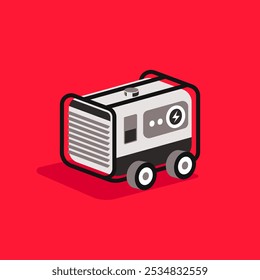 Isometric illustration of a portable generator on wheels, isolated on red background, ideal for power supply and emergency themes.