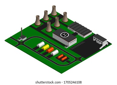 Isometric illustration of a power plant, plant. Production buildings, hangars, pipes. Vector