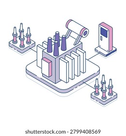 Isometric illustration of a power switchyard with transformers, insulators, and electrical equipment.
