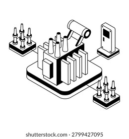 Isometric illustration of a power switchyard with transformers, insulators, and electrical equipment.