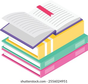 Isometric illustration presents a stack of colorful books, with an open book displaying its pages and a red bookmark placed on top, symbolizing reading, education, and knowledge