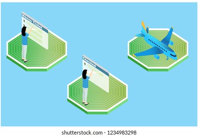 isometric illustration procedure of buying airplane tickets online, vector illustration