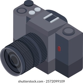 Isometric illustration of a professional digital SLR camera, showcasing its advanced features and highlighting its role in photography and videography