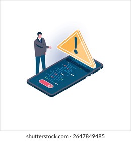 Ilustração isométrica. Um profissional (homem de terno) olha para um sinal de aviso (ponto de exclamação em triângulo) exibido em uma tela de smartphone, possivelmente indicando um alerta de segurança ou problema.