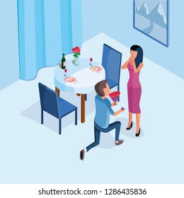 Isometric illustration of a proposal to marry and a declaration of love in a restaurant with a table, food, flowers, a vase, glasses, wine