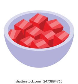 Isometric illustration of a purple bowl filled with vibrant red cubes