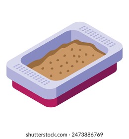 Isometric illustration of a purple cat litter box filled with sand, suitable for pet care content