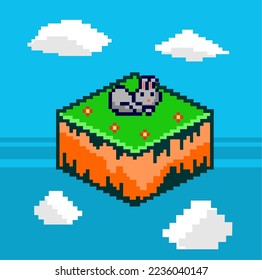 Isometric illustration of a rabbit on green grass and clear sky