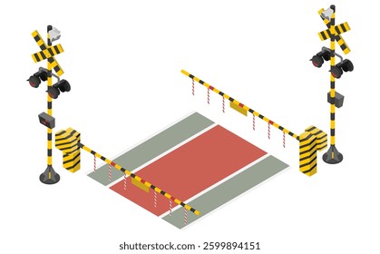 Isometric illustration: railway crossing and road