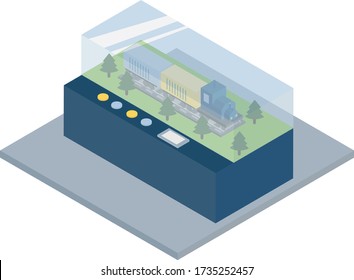 Isometric Illustration Of The Railway Layout. The Train Rides On The Rails. Vector Isometric Train Under A Glass Dome, Entertainment For Children