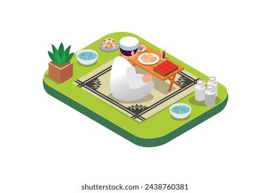 Isometric illustration ramadan kareem eating foody.  with food and drinks on the table. Suitable for Diagrams, Infographics, Book Illustration , Infographics, And Other Graphic asset