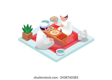 Isometric illustration ramadan kareem eating foody.  with food and drinks on the table. Suitable for Diagrams, Infographics, Book Illustration , Infographics, And Other Graphic asset