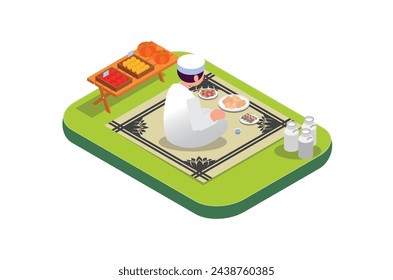 Isometric illustration ramadan kareem eating foody.  with food and drinks on the table. Suitable for Diagrams, Infographics, Book Illustration , Infographics, And Other Graphic asset