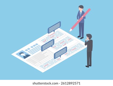 Isometric illustration of a recruitment agent correcting a resume or application form