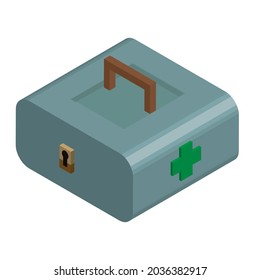 isometric illustration of a rectangular, light blue-grey first aid kit or toolbox with a brown handle and a keyhole, featuring a prominent green cross on its side, isolated on a white background