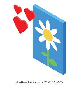 Isometric illustration of red hearts floating near a blue canvas with a white daisy flower