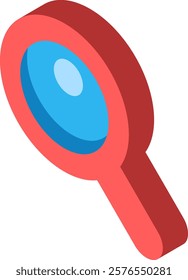 Isometric illustration of a red magnifying glass icon with a blue lens. Represents search, discovery, and exploration concepts in a modern, digital style