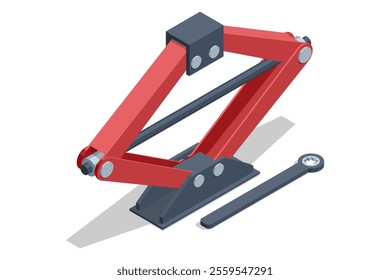 Isometric illustration of a red scissor car jack with a handle tool. Used for lifting vehicles during tire changes and maintenance.