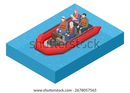 Isometric illustration of refugees in a red inflatable boat with life jackets, carrying luggage across the water. Migration and humanitarian crisis concept.