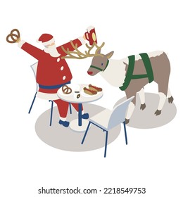 It is an isometric illustration of a reindeer and Santa happily eating.