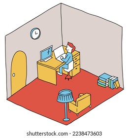 Isometric illustration of remote working concept. Using PC in a house.