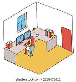 Isometric illustration of remote working concept. Using PC in a house.