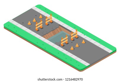 Isometric illustration of repair of asphalt road with road construction signs, vector illustration
