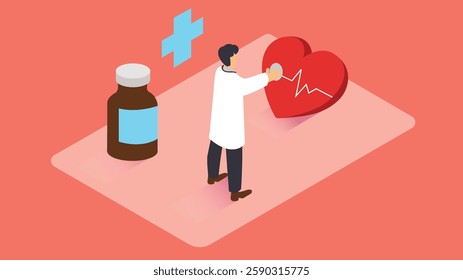 isometric illustration representing the healthcare and medication concept, featuring medical supplies, prescription drugs, pills, bottles