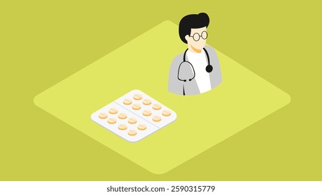 isometric illustration representing the healthcare and medication concept, featuring medical supplies, prescription drugs, pills, bottles