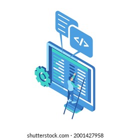 Isometric Illustration Representing A Man Climbing Up the Stairs to View the Analytics Chart of Data on Computer Monitor