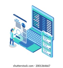 Isometric Illustration Representing A Man Pointing to Screen of Website Personal Profile in Front of Gadgets