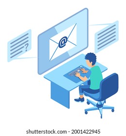 Isometric Illustration Representing A Man Sitting In Front of Computer Screen to Send Email