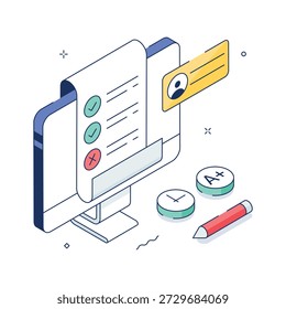 Ilustración isométrica que representa una prueba o evaluación en línea