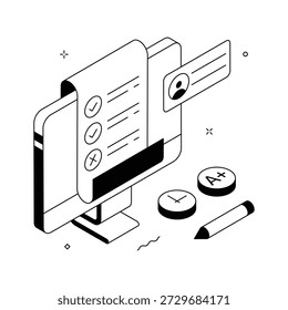 Ilustración isométrica que representa una prueba o evaluación en línea