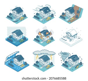 Isometric illustration of a residential disaster