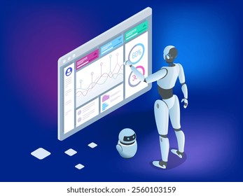 Isometric illustration of a robot interacting with a digital data interface displaying charts, analytics, and performance metrics. A smaller AI assistant robot stands nearby, symbolizing futuristic