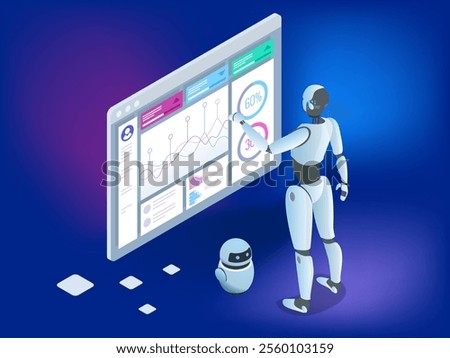 Isometric illustration of a robot interacting with a digital data interface displaying charts, analytics, and performance metrics. A smaller AI assistant robot stands nearby, symbolizing futuristic