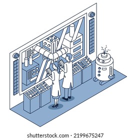 It is an isometric illustration of a robot and male and female staff who are in production control at the factory.