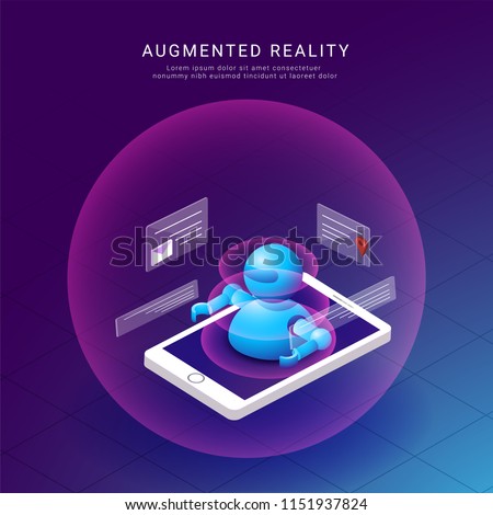 Isometric illustration of a robot on smartphone screen data and technology concept, Augmented Reality (AR) web template design.