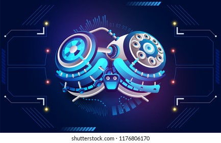 Isometric illustration of robotic brain on hud background for Machine learning or Artificial Intelligence (AI) concept.