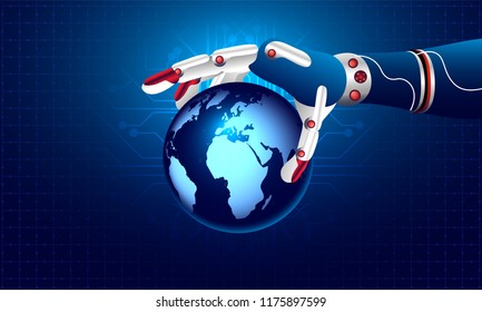 Isometric illustration of robotic hand holding earth globe on shiny blue hi tech background for Artificial Intelligence (AI) concept.
