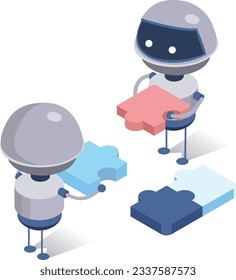 isometric illustration of robots play puzzle