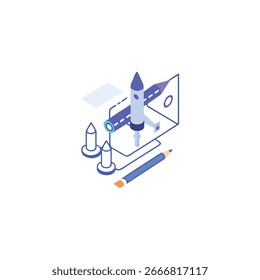 Isometric illustration of rocket launch isolated on white background, a startup business