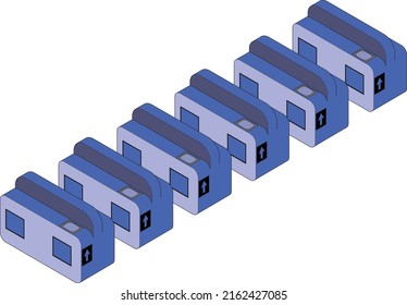 Isometric illustration of a row of blue automatic turnstiles with main lines. Infographic material. Left facing. Station concept.
